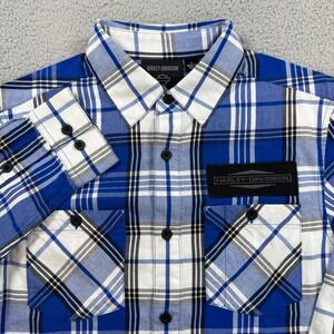 Harley Davidson Men Plaid Long Sleeve Button Up Shirt Blue White Black Size S